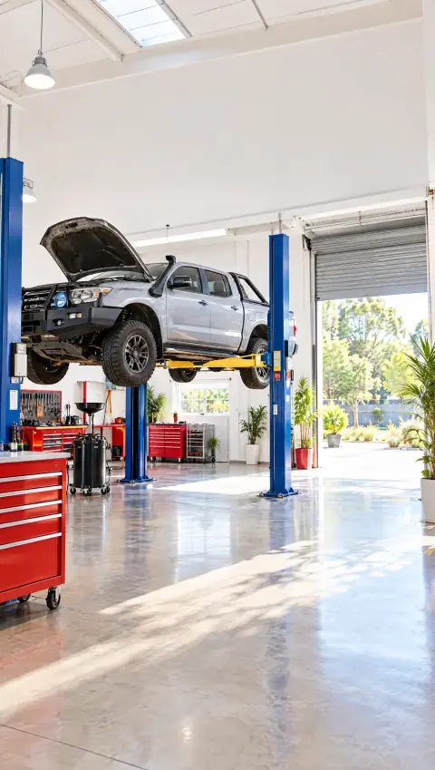 A dark 4x4 ute raised on a hoist in a workshop